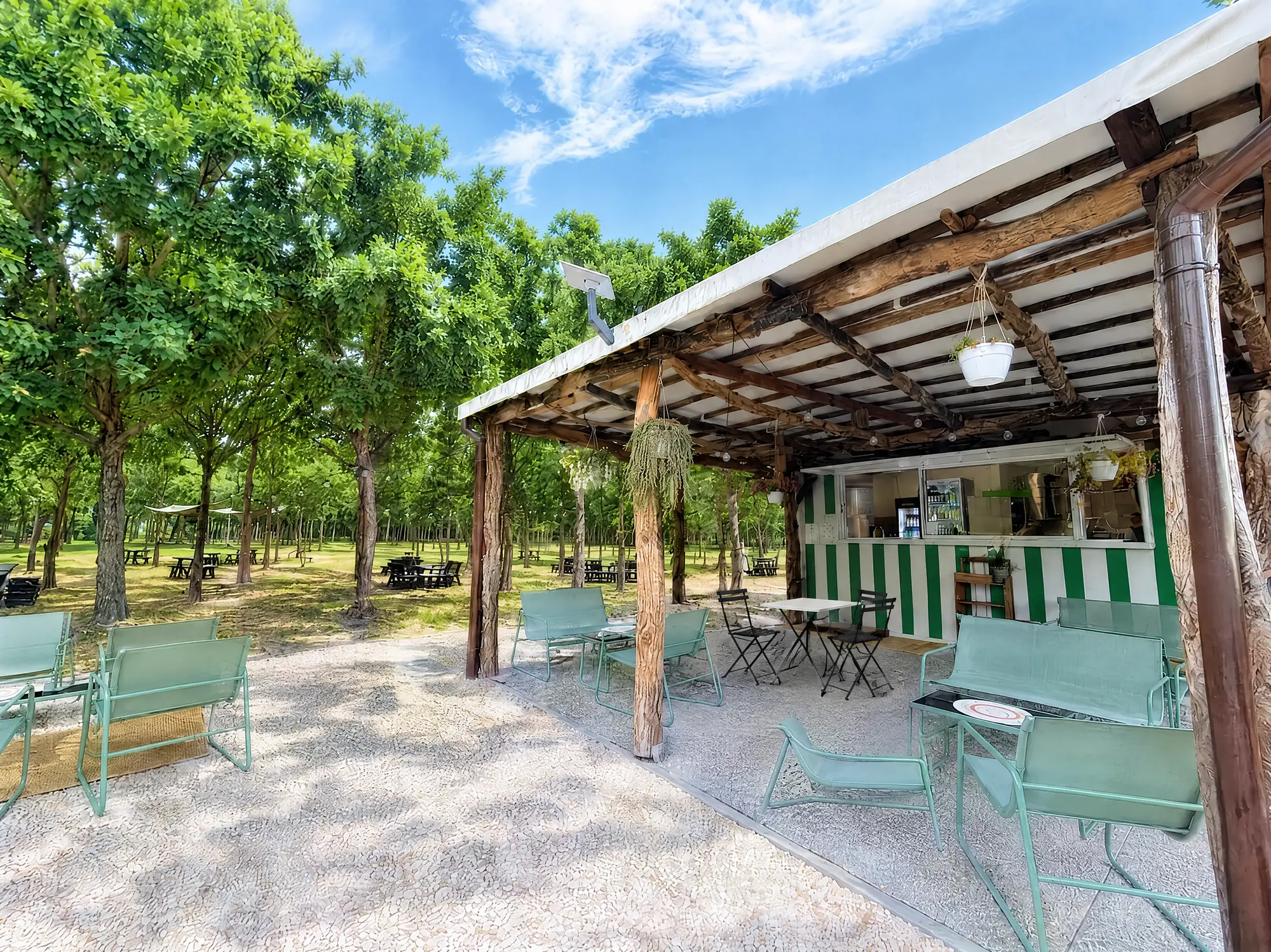 Il chiosco di Bloomì di pomeriggio: pergolato in legno, sedie verde salvia e tavoli all'ombra degli alberi
